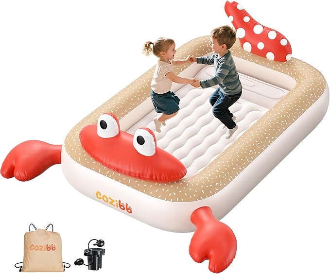 CoziBB Inflatable Toddler Travel Bed, Portable Travel Bed with Flocked Mattress, Built-in Pillow & Carry Bag, 4 Side Safety Bumpers for Toddlers-Hermit Crab