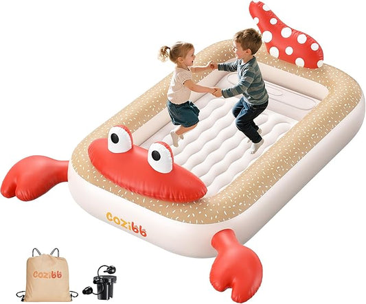 CoziBB Inflatable Toddler Travel Bed, Portable Travel Bed with Flocked Mattress, Built-in Pillow & Carry Bag, 4 Side Safety Bumpers for Toddlers-Hermit Crab