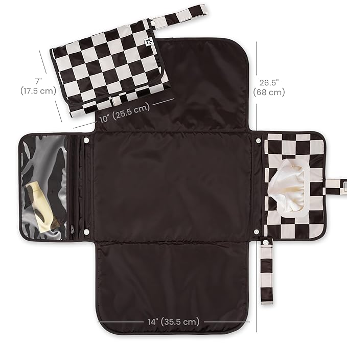 Tiny Twinkle Portable Diaper Changing Pad – Foldable, Waterproof & Compact Travel Changing Mat with Storage | Smart Wipes Pocket for On-The-Go Parents(Black Checkers)