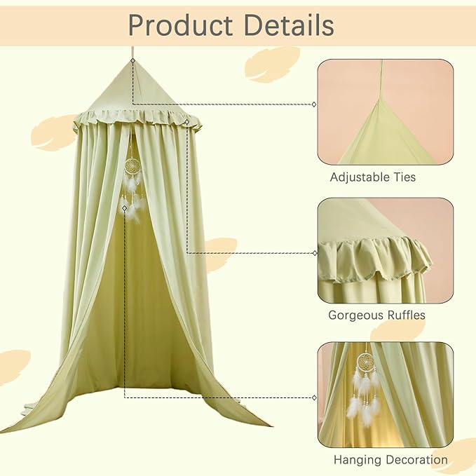Akiky Kids Bed Canopy for Crib & Twin Size with Ruffles Dreamcatcher, Boys Princess Girls Nursery Room Decor Toddler Baby Dome Round Hanging Tent Curtains Skirt Over Bed Reading Nook Play Tents Green