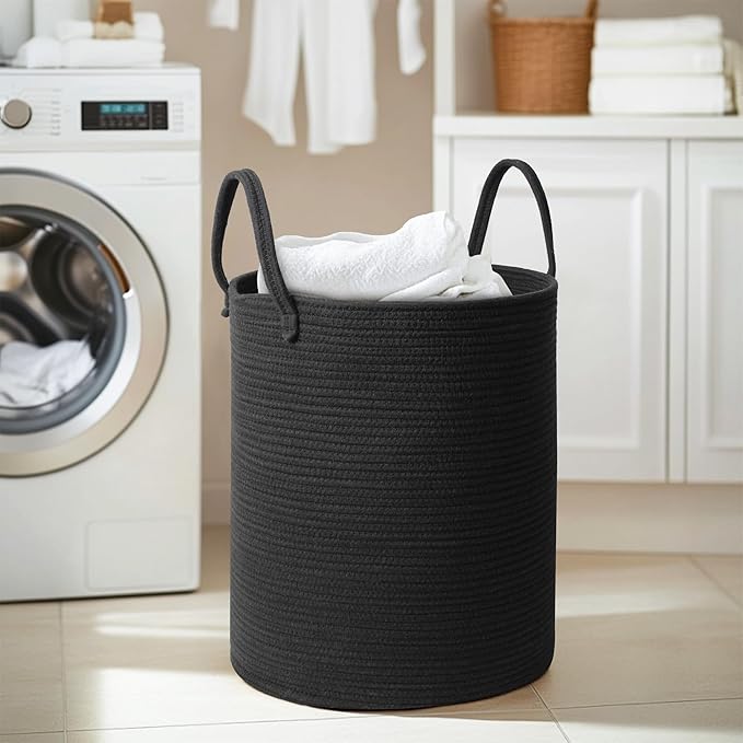 Black Woven Laundry Basket, 15"x18" Tall Basket for Blankets, Wicker Hamper for Bedroom Aesthetic, Decorative Storage Hamper for Clothes, Towel, Rope Storage Bin for Living Room, Bathroom