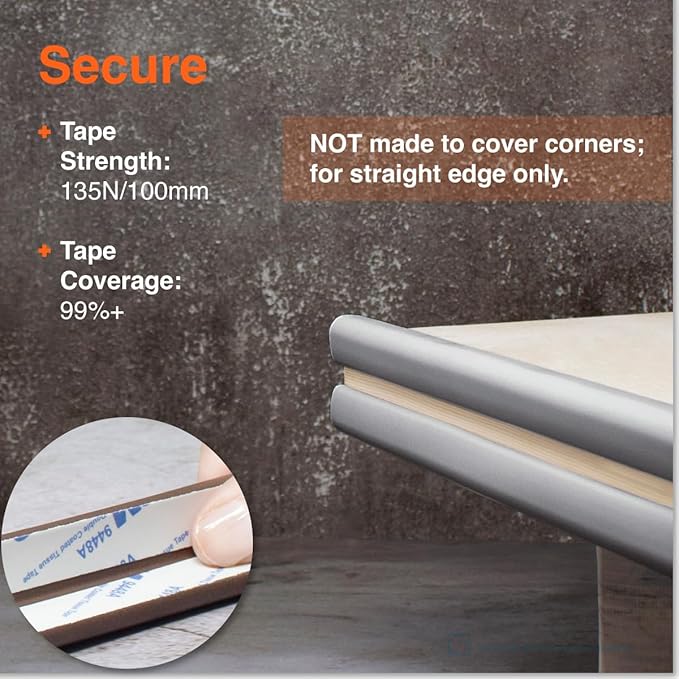 Roving Cove Slim-Fit Edge Protector for Baby Proofing (9ft Small Edges Only), Soft Rubber Foam Furniture Safety Bumper Guard, Desk Cushion, 3M Adhesive, Stone Grey