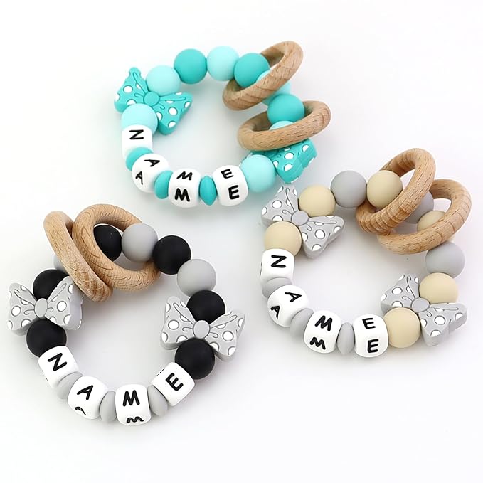 Customized Wooden Baby Rattle, Handcrafted Rattles with Wooden Teething Ring, Personalized Halloween Christmas Newborn Toy Animal Organic Rattle Baby Photography Ideas Props