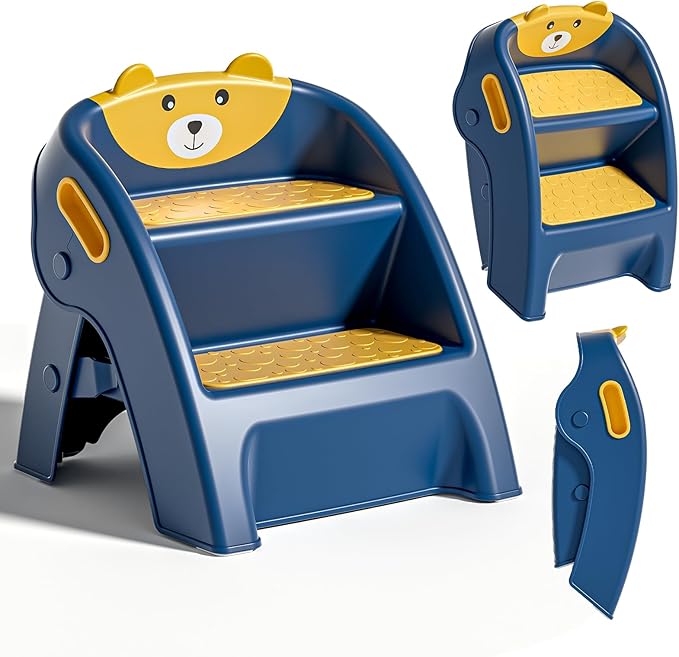 TPN Toddler Step Stool for Bathroom Sink and Potty Training Durable Anti-Slip,Anti-Tip A-Frame,10-Second Assembly, 2-Step Potty Stool with Wide Steps (Navy Blue)