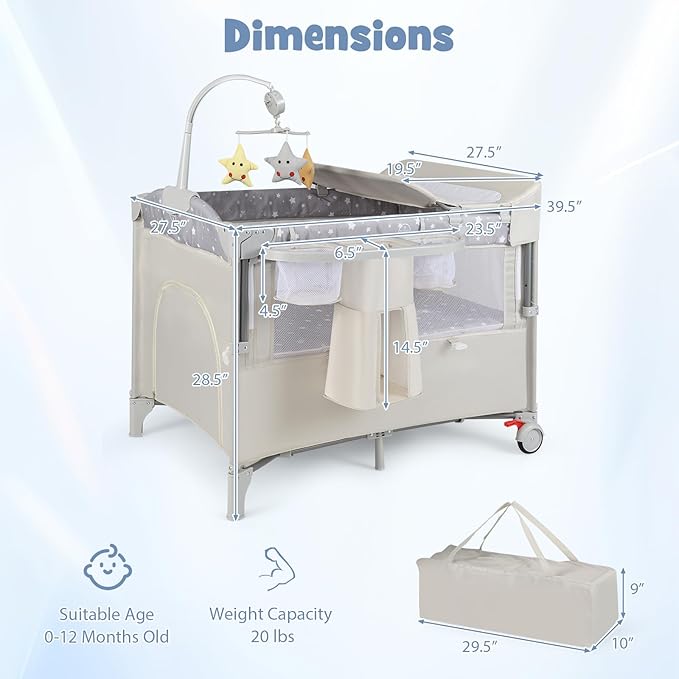 BABY JOY 5-in-1 Pack and Play, Portable Baby Bedside Sleeper with Bassinet, U-Shaped Diaper Changer, Safety Strap, Side Zipper Entrance, Hangings, Bedside Crib Playard from Newborn to Toddlers (Beige)