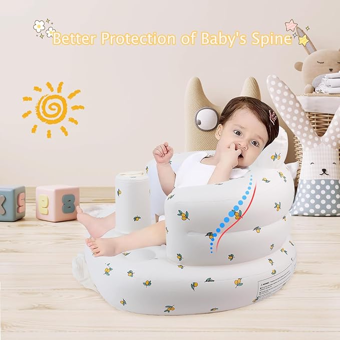 Inflatable Baby Seat for Babies 3 Months & Up, Infant Floor Seats for Sitting Up, Baby Seats for Infants, Blow Up Baby Chair with Built in Air Pump - Olive Flower