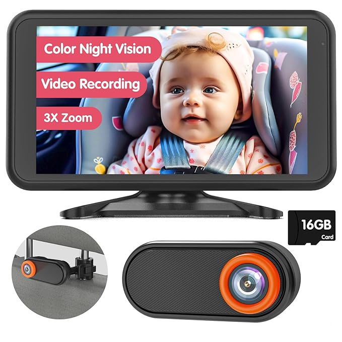 BM3 Baby Car Camera, 5.2" 1080P with Video Recording & TF Card, Back Seat Camera with 3X Zoom, 360° Rotation, Easy Installation Baby & Pet Car Monitor