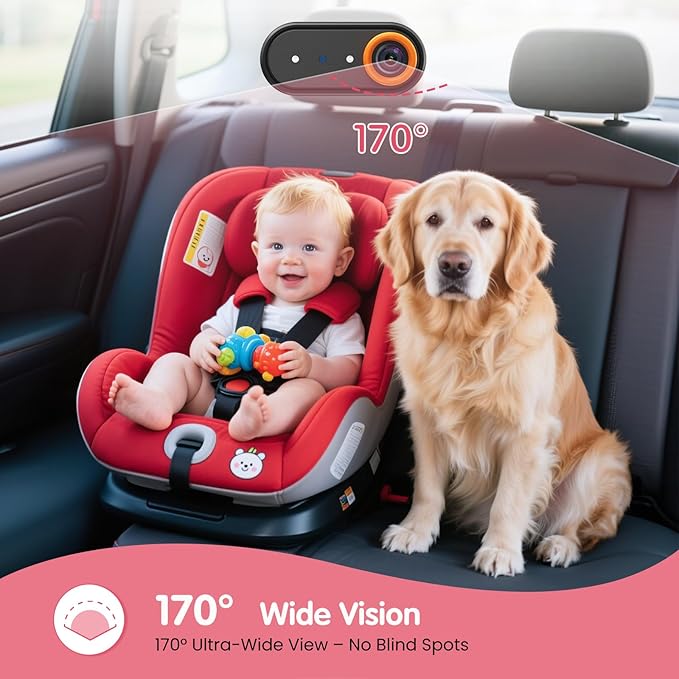 BM2A Baby Car Camera, 3X Zoom & 5.2" 1080P Display for Rear-Facing Car Seats, IR Night Vision, Easy No-Damage Install – Ideal Car Baby Camera for Parents and Pet Owners