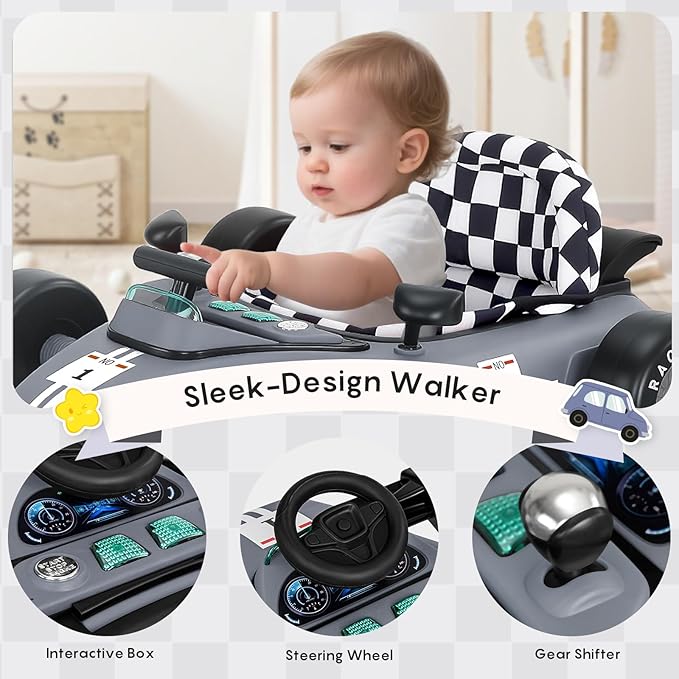 Baby Walker with Wheels, 4-in-1 Baby Walker for Boys Girls Foldable Activity Walker with Adjustable Height Toddler Infant Walker with Music and Lights Walker for Baby 6-24 Months, Grey