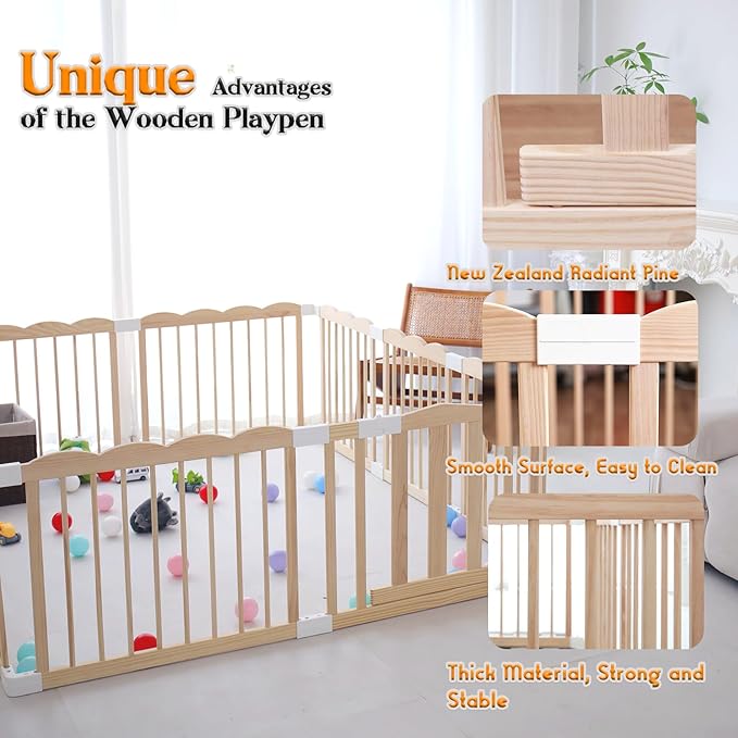 Baby Playpen, Wooden Playpen for Babies and Toddlers, Large Adjustable Wooden Baby Playard with Locking Gate, Easy to Assemble, Portable Play Pen, Infant Play Pen Play Area(62x70x24 Inch)