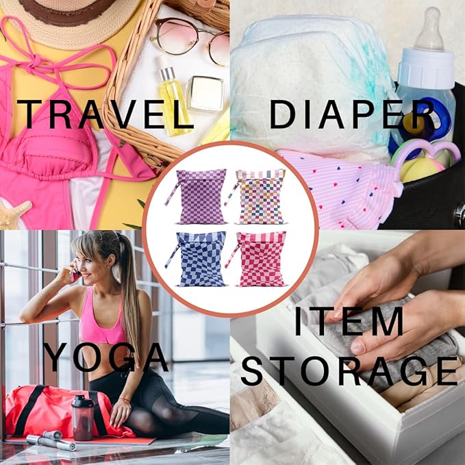 4 Pack Cute Wet Bag Waterproof Washable Reusable Wet Dry Bag for Swimsuit Dirty Clothes Diaper Travel Beach Pool Gym Birthday Bachelorette Party Camping Toiletries Beach Essentials，Colorful Checkered