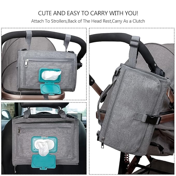 Portable Diaper Changing Station, Expandable Baby Diaper Bag, Compact Diaper Changing Travel Bag with Wet Wipe Pocket, Waterproof Baby Travel Station Set with 2 Bibs (Gray)
