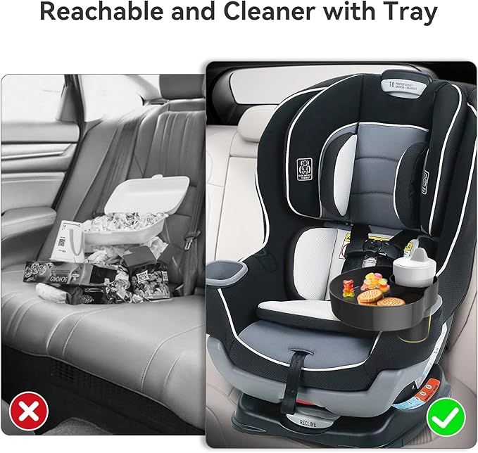 Car Seat Cup Holder Snack Tray Black, Toddler Travel & Road Trip Essentials Accessory for Mess-Free Snacking in The Car,Travel Tray for Kids Car Seat