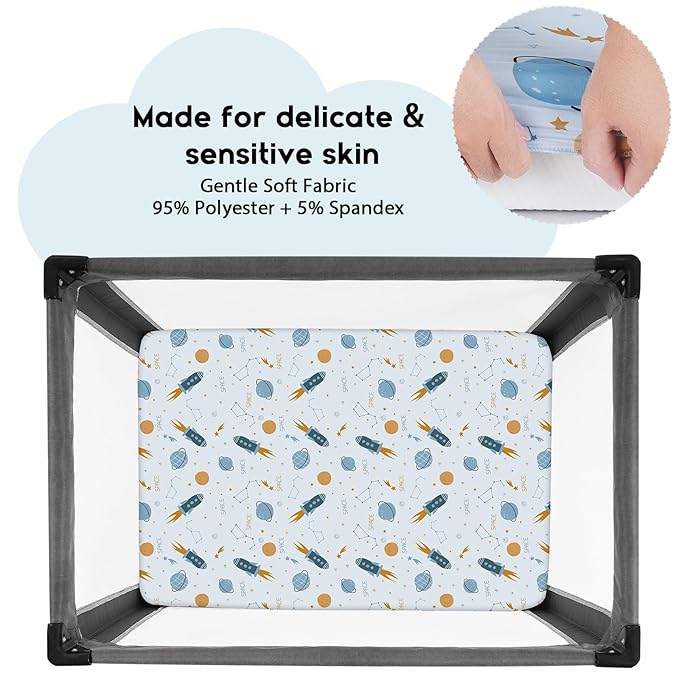 Yoofoss Pack and Play Sheets Fitted, Mini Crib Sheets 2-Pack for Pack N Play Mattress, Stretchy Playard Sheet, Soft and Breathable Blue Rocket