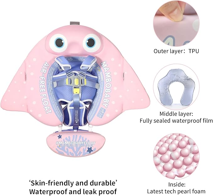 Mambobaby Float with Canopy and Tail New Upgraded Non-Inflatable Baby Pool Float Mambo Float Swim Trainer Solid Infant Swim Float Adjustable Pearl Foam Baby Swim Ring
