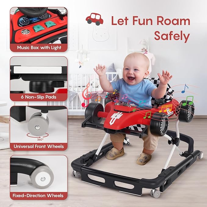 Baby Walker with Wheels, 4-in-1 Baby Walker for Boys Girls Foldable Activity Walker with Adjustable Height Toddler Infant Walker with Music and Lights Walker for Baby 6-24 Months, Red