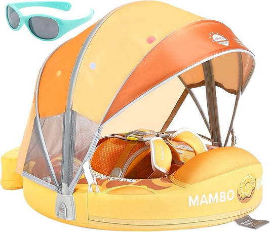 Mambobaby Float with Canopy and Tail New Upgraded Non-Inflatable Baby Pool Float Mambo Float Swim Trainer Solid Infant Swim Float Adjustable Pearl Foam Baby Swim Ring