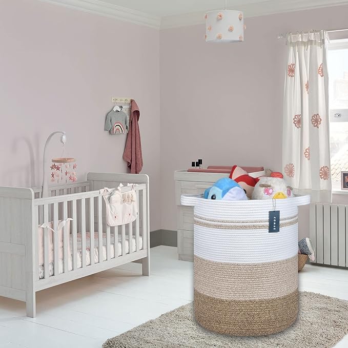 COMSE Extra Large Blanket Basket, Tall Laundry Basket, Nursery Hamper, 15.7”x 21.7”, Cotton Rope Woven Laundry Hamper for Storage Toys Clothes Towels, Gradient Brown