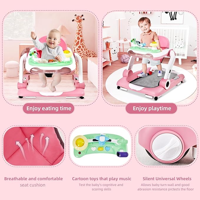 Music and Lights Baby Walker with Wheels,5-in-1 Baby Activity Center with Removable Toys and Music Bouncer,Adjustable Height Baby Walkers for Boys Girls Babies 6-18 Months