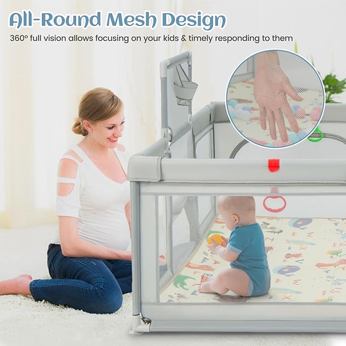 INFANS Baby Playpen, 74” x 62” Extra Large Play Yard for Babies and Toddlers with Crawling Mat Ocean Balls Basketball Hoop 2 Football Gates Indoor Outdoor Activity Center (Light Gray)