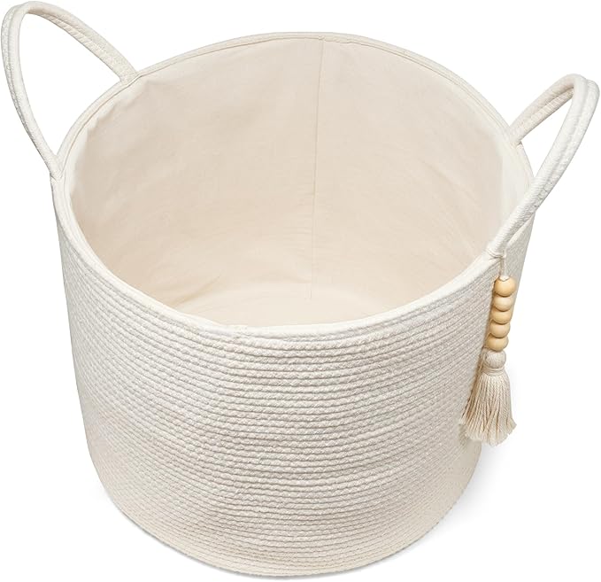 Mkono Tall Laundry Basket Woven Decorative Rope Storage Basket Wooden Bead Decoration for Blankets Toys Clothes Shoes Organizer Bin with Handles Living Room Home Decor, 15" W x 17.7" L, White