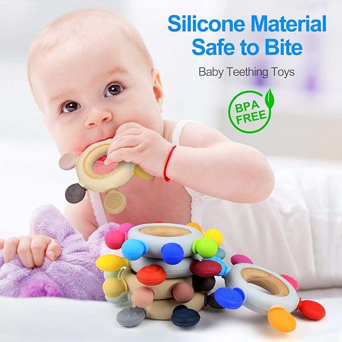Baby Teething Toys Silicone Teethers BPA Free Silicone Rudder with Wooden Ring Soothe Babies Gums (Khaki)