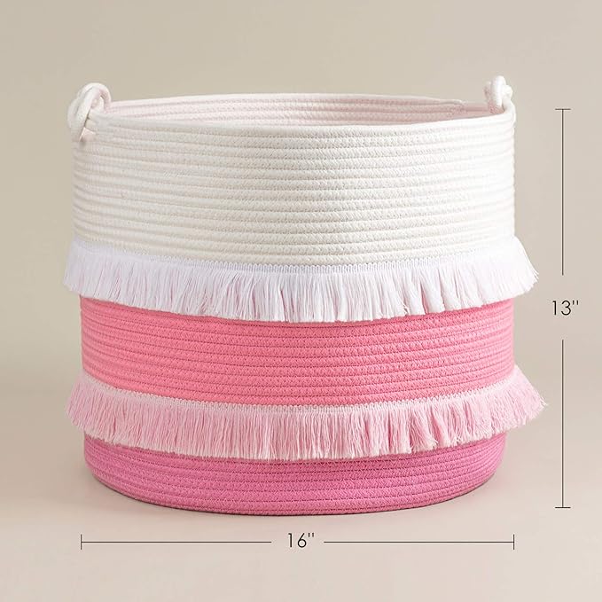 CherryNow Large Rope Basket – 16''x13'' Pink Decorative Woven Basket for Toys, Blankets, or Laundry, Cute Tassel Decor for Baby & Girl - Home Storage Container