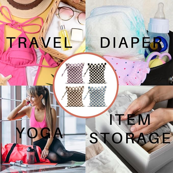 4 Pack Cute Wet Bag Waterproof Washable Reusable Wet Dry Bag for Swimsuit Clothes Cloth Diaper Travel Beach Pool Yoga Gym Party Camping Toiletries Travel Beach Essentials, Colorful Checkered