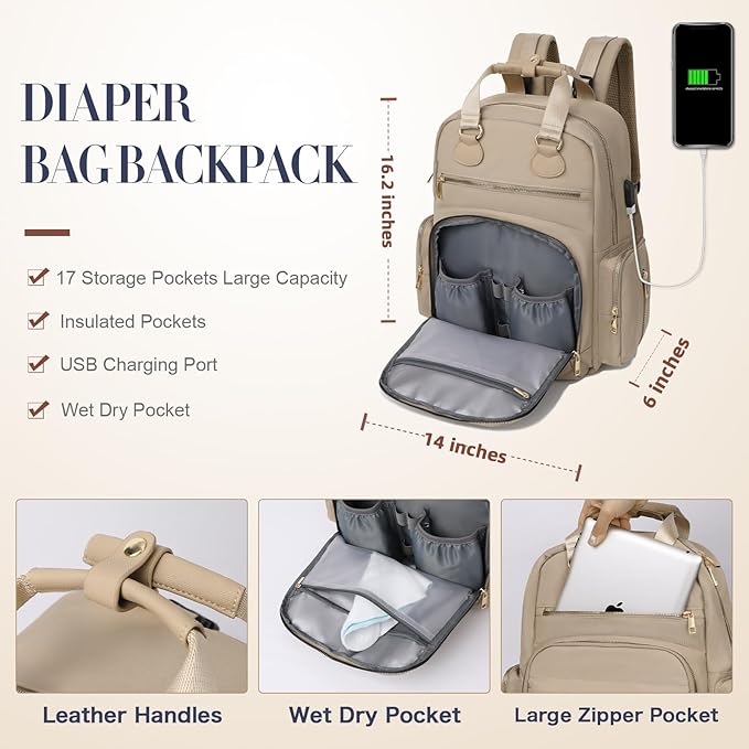 Diaper Bag Backpack, Baby Diaper Bag with 17 Pockets, Travel Baby Bag Backpack for Girl Boy, Large Diaper Bag with Changing Pad,USB Charging Port,Wet Dry Bag, Khaki