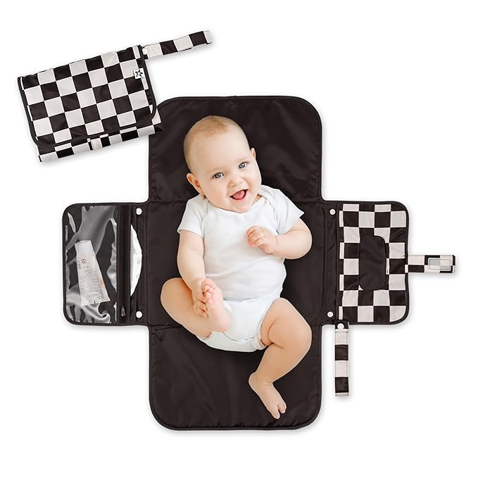 Tiny Twinkle Portable Diaper Changing Pad – Foldable, Waterproof & Compact Travel Changing Mat with Storage | Smart Wipes Pocket for On-The-Go Parents(Black Checkers)