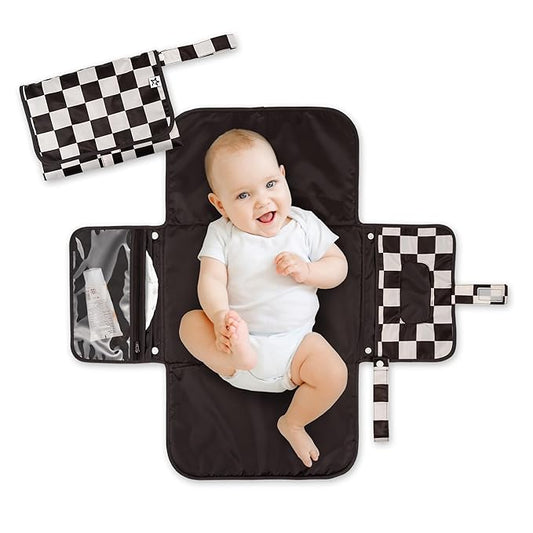 Tiny Twinkle Portable Diaper Changing Pad – Foldable, Waterproof & Compact Travel Changing Mat with Storage | Smart Wipes Pocket for On-The-Go Parents(Black Checkers)
