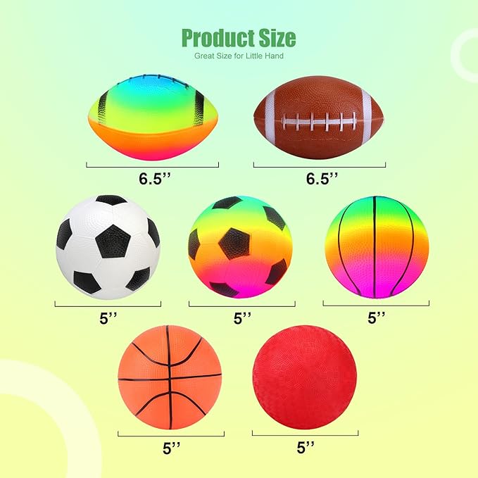 Balls for Toddlers Kids - 7 Pack 5" Small Playground Balls Soft Rubber - Indoor Outdoor Toddler Toys - 2 Footballs, 2 Basketballs, 2 Soccer Balls 1 Kickball -Birthday Gift Boys Girls 1-3 3-5