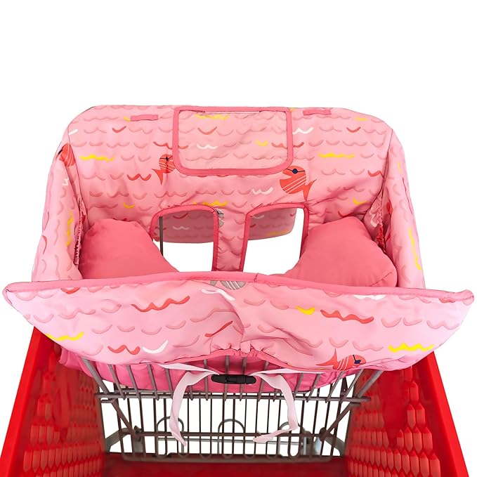 Soft Pillow Attached 2-in-1 Shopping Cart and High Chair Cover for Baby, Cotton Padded Cart Cover, Fold'n Roll Style, Portable with Carry Bag (Pink Fish)