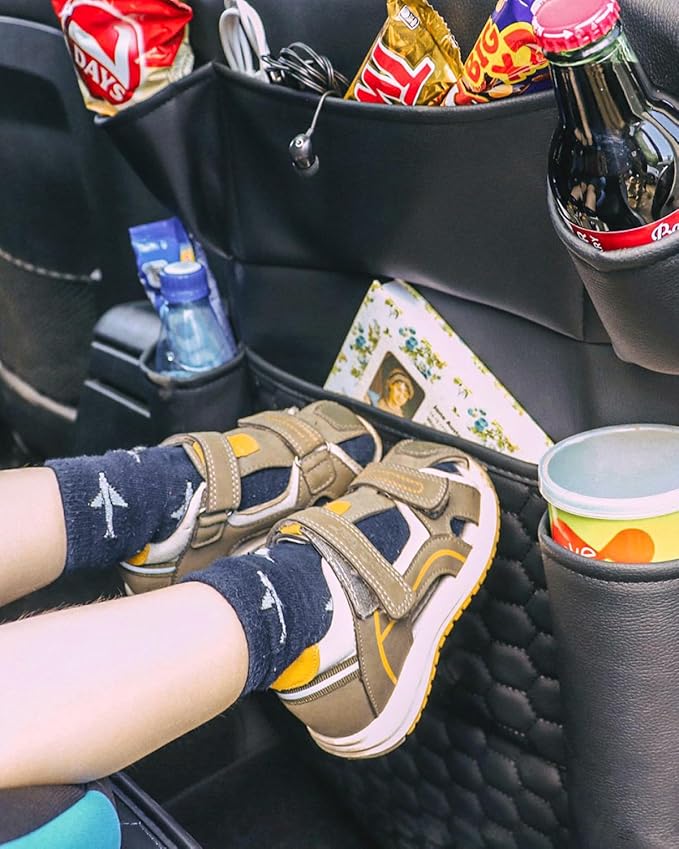 Owleys 2-in-1 Car Interior Set - Brown Eco Leather Seat Protector with Kick Guard + Kids Back Organizer with Tablet Pocket - Family Travel Gift