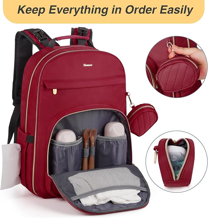 MOMUVO Diaper Backpack for Women Large Capacity with Insulated Pockets Diaper Bags For Baby,Burgundy