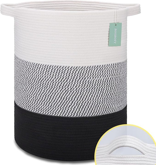 ﻿BOSROTY Large Laundry Hamper for Girls Boys Kids 72L, Nursery Hamper, Tall Laundry Basket, Cotton Rope Woven Blanket Basket for Storage Toys Clothes Towels, 16”x 22”, White & Gray & Black