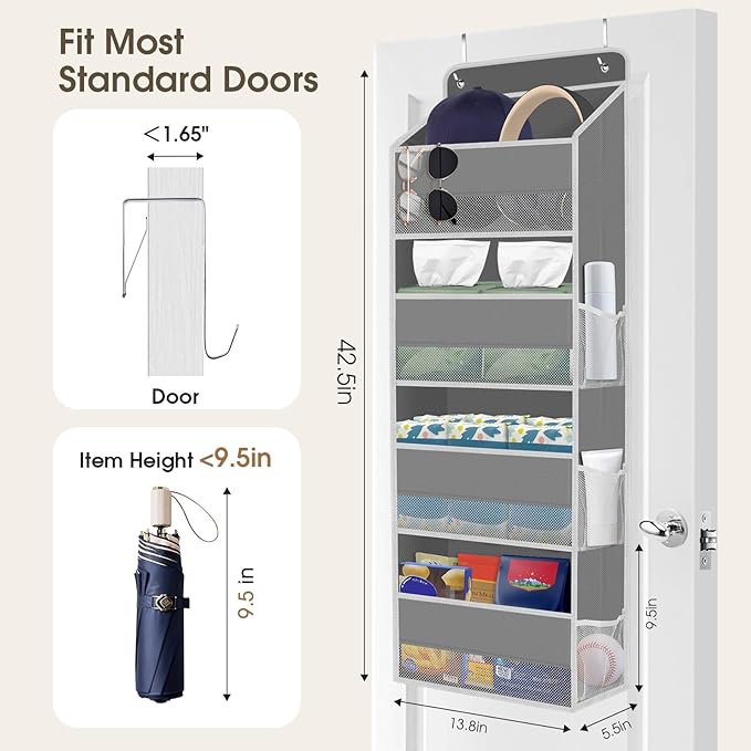 2 Pack Over The Door Organizer, Hanging Storage Organizer with Clear Window, 40lb Ultra Sturdy Large Capacity Room Organizer for Pantry Laundry Bathroom Nursery Closet (Grey)
