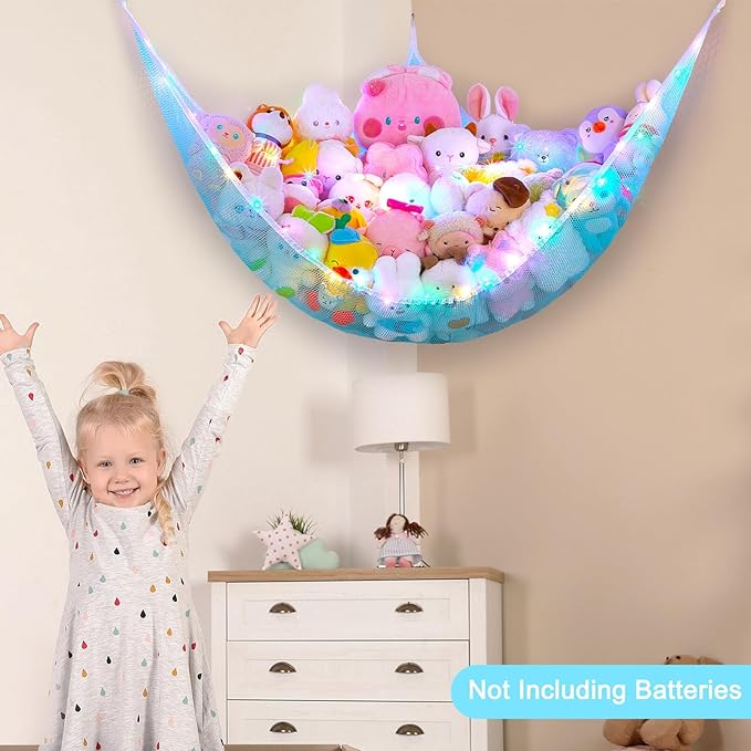 Unicorn Castle Stuffed Animals Net or Hammock Kids Toy Storage Organizer with LED Light Hanging Corner Stuffed Animals Holder Kids Girls Room Decor,Blue,XL-Large-Pack of 1