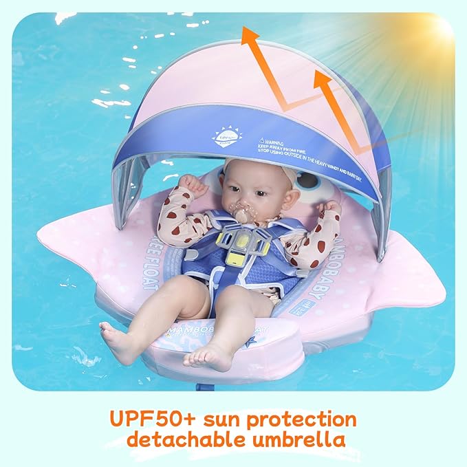 Mambobaby Float with Canopy and Tail New Upgraded Non-Inflatable Baby Pool Float Mambo Float Swim Trainer Solid Infant Swim Float Adjustable Pearl Foam Baby Swim Ring