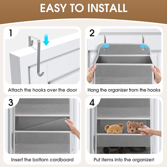 2 Pack Over The Door Organizer, Hanging Storage Organizer with Clear Window, 40lb Ultra Sturdy Large Capacity Room Organizer for Pantry Laundry Bathroom Nursery Closet (Grey)