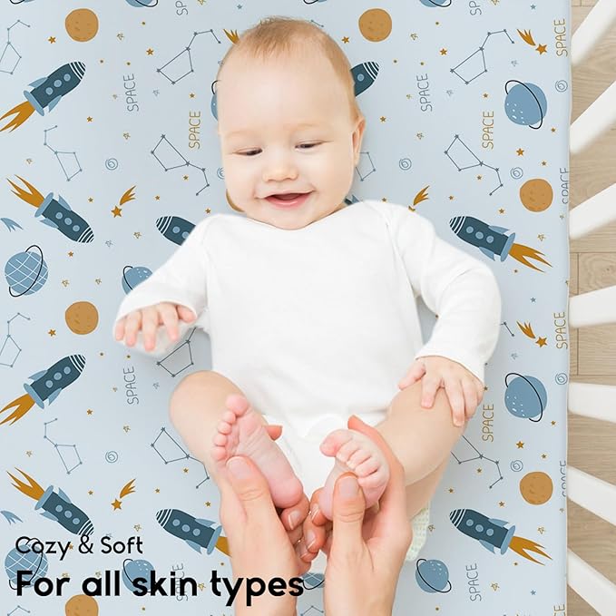 Yoofoss Pack and Play Sheets Fitted, Mini Crib Sheets 2-Pack for Pack N Play Mattress, Stretchy Playard Sheet, Soft and Breathable Blue Rocket