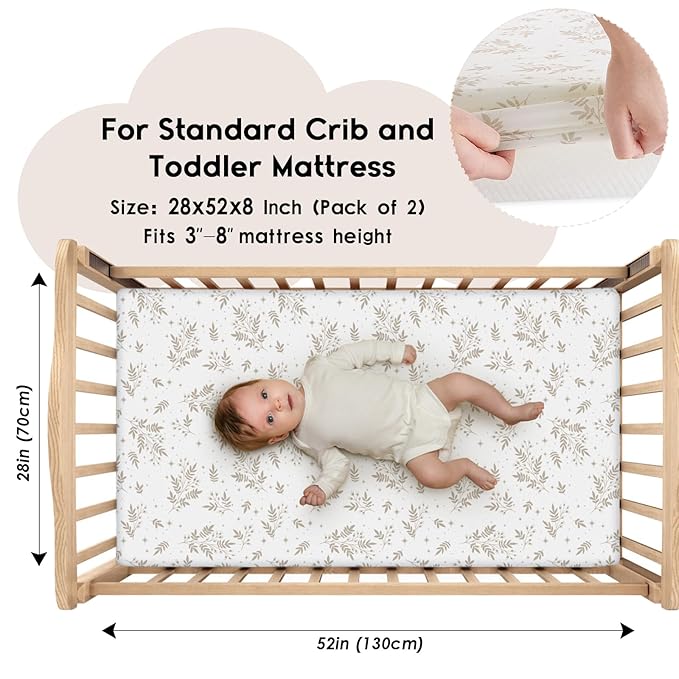 Yoofoss Baby Crib Sheets for Boys Girls, Fitted Crib Sheet 2 Pack for Standard Crib and Toddler Mattress, Super Soft Microfiber Baby Sheet 28x52x8in(Brown+Leaf)