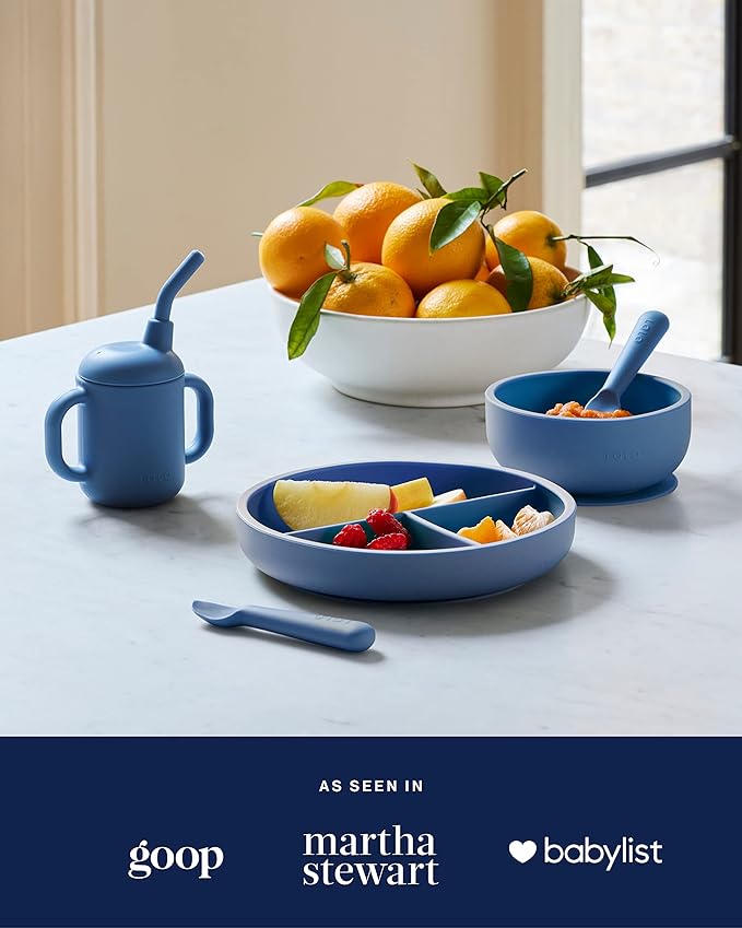 Lalo First Bites Silicone Baby Feeding Set - Baby Led Weaning Supplies - Non-Toxic Silicone - Includes 1 Bib, 2 Spoons, Training Cup, Suction Plate and Bowl - 6 Pieces - Sage