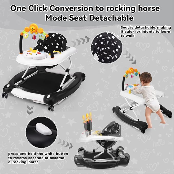 Baby Walker, 5 in 1 Baby Walkers for Boys Girls 6-12 Months, Foldable Walkers for Babies with Bouncer & Feeding Tray, Music, Adjustable Heights, Activity Walker for Infant