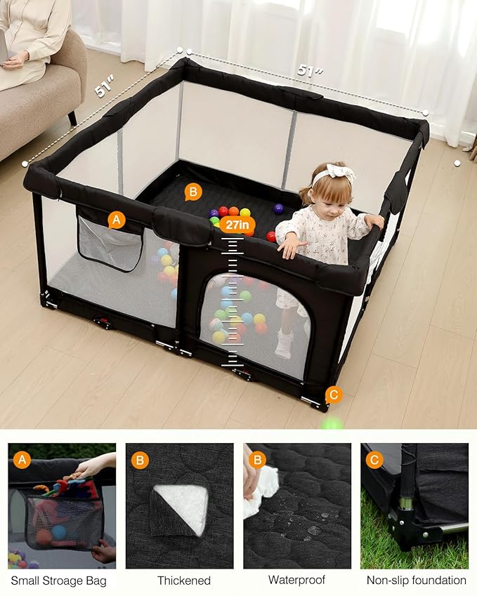 Foldable Baby Playpen with Non-Removable Thick Mat, Extra Large Collapsible Play Yard for Babies & Toddlers, Portable Travel Playpen with Gate, Safe Activity Center (51"×51" Black)