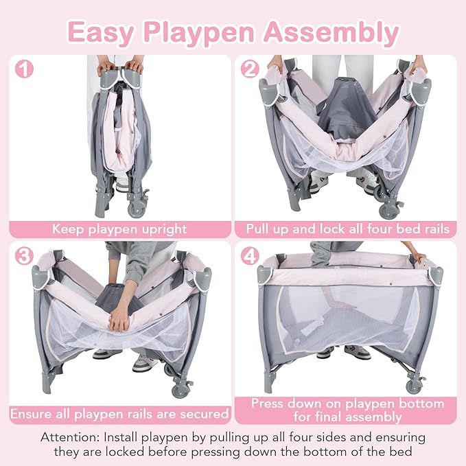 HONEY JOY Pack and Play with Bassinet, Infant Nursery Center Pack and Play w/Newborn Cradle & Hanging Toys, Diaper Storage, Music, Portable Baby Playard w/Changing Station (Starry Pink)