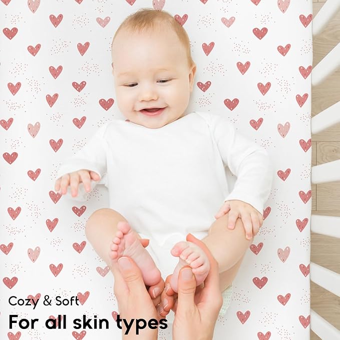 Yoofoss Pack and Play Sheets Fitted, Mini Crib Sheets 2-Pack for Pack N Play Mattress, Stretchy Playard Sheet, Soft and Breathable Pink+Love