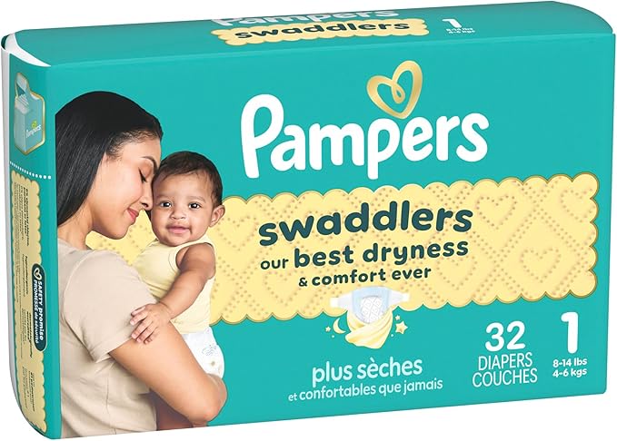 Pampers Swaddlers Diapers, Size 1 (8-14 lbs), 32 Count, Absorbent, Keeps Baby Dry and Comfortable, Skin Safe Disposable Baby Diaper (Packaging May Vary)