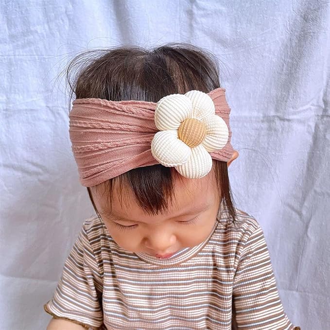 CÉLLOT 3 Pcs Baby Girl Headbands with Flower Nylon Headbands Soft Stretchy Headwear Hair Accessories for Newborn Infant Toddler Kids (Pink Beige Salmon)