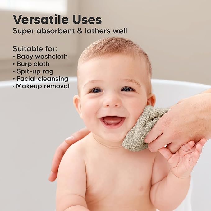 6-Pack Soft Baby Washcloths, Viscose from Bamboo - Kids, Newborn Bath Towels, Infant Shower, Toddler Reusable Face Towel, Gentle on Skin, Face Wash Cloths for Babies, 10x10 (Khaki)